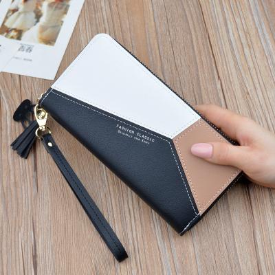 China Korea Fashion Multi Position Card Stitching Women's Long Purse PU Tassel Tassel Zipper Leather Coin Bags Wallet for sale