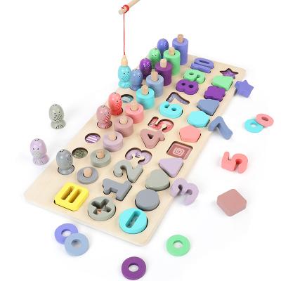 China Eco-friendly Wooden Four-in-One Early Educational Wooden Number Shape Matching Wooden Board New Brand China Supplier Wooden Board Toy Magnetic Fishing Digital Toy for sale