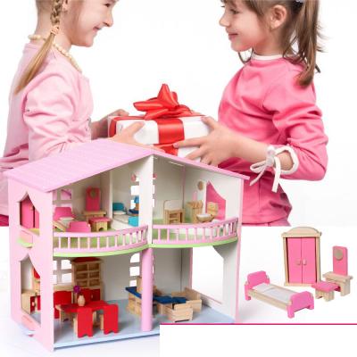 China Eco-Friendly Doll House Pink Toys Fashion Wooden Girls Toy Diy Doll House Play Set Dollhouse Kids Play House for sale