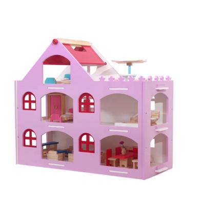 China Girls House Mini Furniture Kids Toy Dollhouse Diy Handmade Pink Wooden Dollhouse Furniture Toy for sale