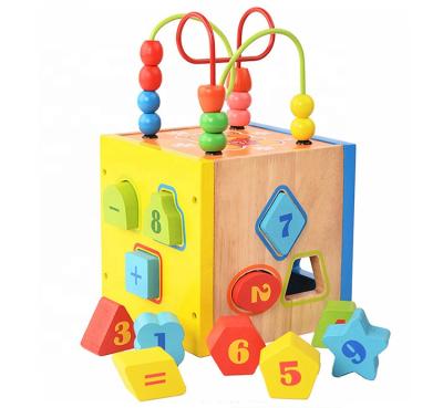 China Earlier Educational Educational Number Puzzle Colorful Round Beads Kids Activity Cube Wooden Toy for sale