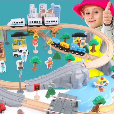 China Crane Cargo Kids 95Pcs Educational Wooden Rail Track Car Magic Toys Custom Slot Toy for sale