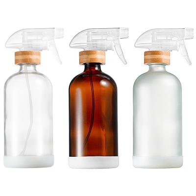 China New Design Personal Care Refill 16oz 500ml Frosted Amber Clear Glass Spray Room Bottle With Trigger Mist Sprayer Bamboo Top for sale