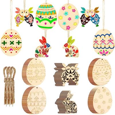 China China Easter Ornaments Wooden Easter Egg and Bunny Shape Wood Slices with String for Easter Decorations for sale