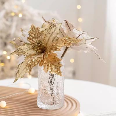 China Plush cloth 20cm glitter handmade Christmas flower gold red  Christmas flower Christmas tree decoration DIY accessories for sale