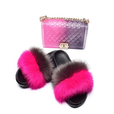 China CUSHIONING 2021 Factory Price Fluffy Slippers Kids Shoes Slides Jelly Bag Purse Set Kid Sandals Raccoon Fur for sale