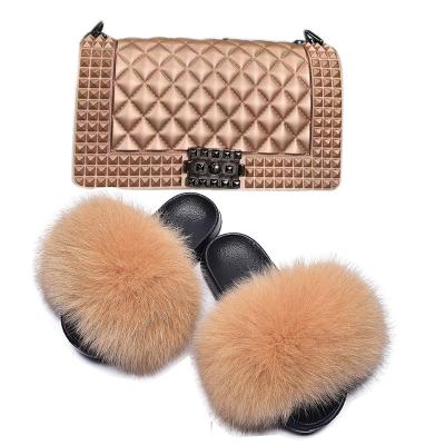 China CUSHIONING Medium Size Fur Shoes Real Fox Fur Slides Women Slippers Jelly Bag Fanny Pack Fur Slides With Purse Set for sale