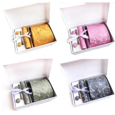 China Quick Delivery 100%polyester Paisley Pattern Tie Clip Cufflinks Tie And Handkerchief Sets With Box Packing for sale