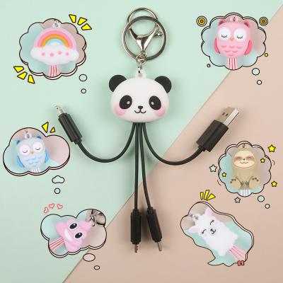 China Fashionable Panda Sloth Usb 3 in 1 cable Multi Functional usb Charging keyring cable Mobile Phone Fast Keychain Charger Cable for sale