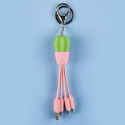 China 3in1 Factory Shape Cactus Summer Collection Key Chain Function Cute Multi Fast Cable Custom Charger and Data Cable for sale