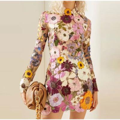 China 2023 Spring Evening Lady Vestido Half High Collar Long Sleeve Anti-Wrinkle Dresses Luxury Women Elegant Floral Embroidery Mini Dress for sale