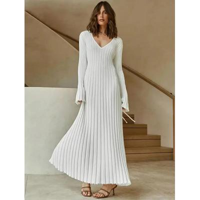 China Anti-wrinkle Female V-Neck Casual Ladies Ribbed Maxi Dress Autumn Winter 2023 Midi A Line Pleated Elegant Dresses Women Knitted Long Dress for sale