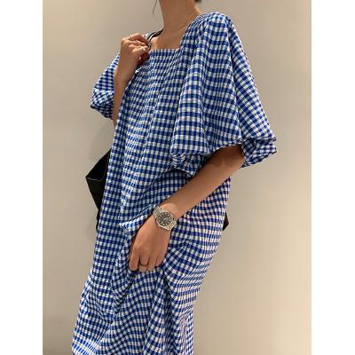 China Anti-wrinkle elegant woman dress summer women korean ladies chic dresses 2023 new fashion square neck plaid puff sleeve loose casual dress for sale