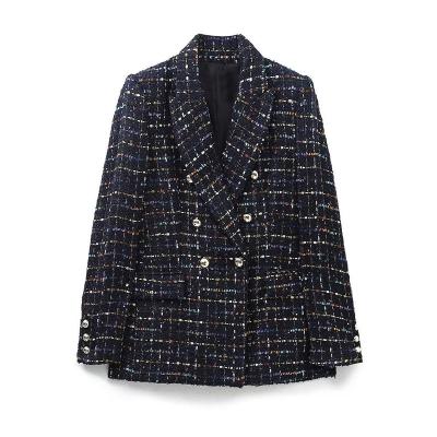 China Chic Suits Women's Full Anti-wrinkle Female Track Jacket Vintage Notched Plaid Colorful Tweed Collar Ribbon Blazer Wool Coat for sale