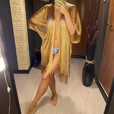 China Polyester Beach Wear Women Beach Wear Women Mesh Sheer Shiny Knitted Tunic Female Beach Cover Up Sexy Beach Dress Fringe Tassel Cover-UPS for sale