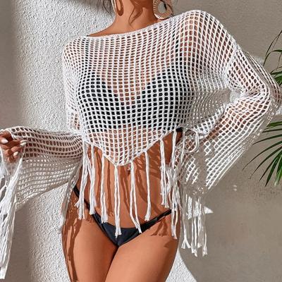 China Breathable Chemise Crop Tops Swimsuit Cover Up Women Beach Wear Flared Long Sleeve Tassel See Through Hollow Out Bikini Cover Ups Tops for sale