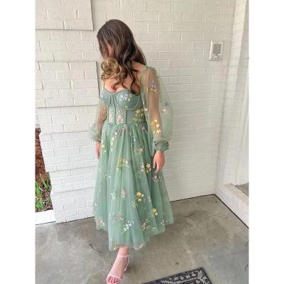 China Vintage Green Floral Prom Dress Cocktail Party Dress Women Embroidery Princess Puff Long Sleeve Anti-wrinkle Girls Birthday Outfit for sale