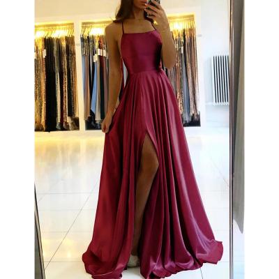 China Breathable Bridesmaid Dresses Christmas Sexy Side Split Adjustable Straps Even Prom Dress Burgundy Satin Beach Maxi Women Dress for sale