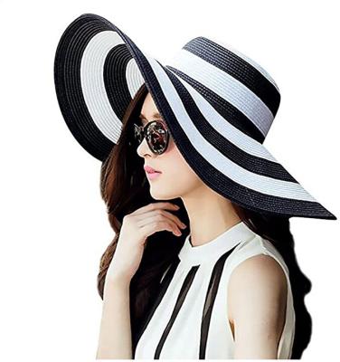 China 1Pcs Customized Wide Brim Eco-Friendly, Black And White Striped Straw Hat Foldable Beach Floppy Sun Hat for sale