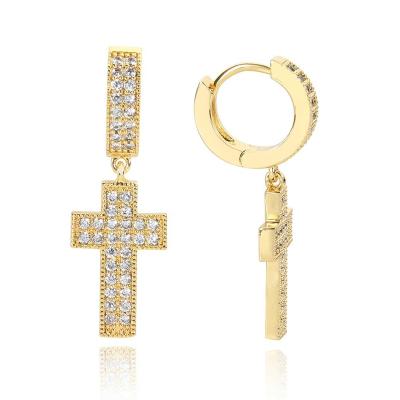 China FASHIONABLE European and American new double row full diamond hip hop ear studs micro zircon inlaid cross personalized men's earrings for sale