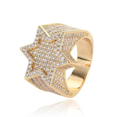 China FASHIONABLE personalized micro exaggerated inlaid zircon real gold plating European and American men's hip star hexagonal diamond ring hop for sale