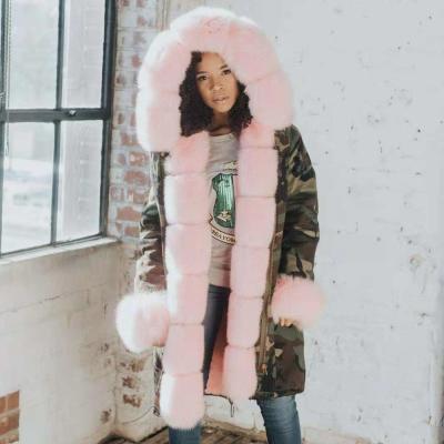 China Customized New Viable Popular Casual Ladies Real Camouflage Printing Fox Fur Parka Winter Coats Women Fur Hooded Parkas for sale