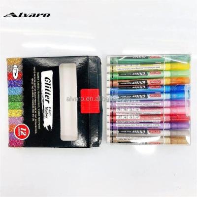 China Drawing Marker Pen Water Based Glitter Paint Markers DIY Art Marker Pens 12 Colors Medium Point Glitter Marker Pen For Gift Cards for sale