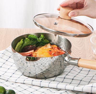 China Sustainable Stainless Steel Pan And Milk Pot With Glass Lid Optional Handles &steel Wood Handle for sale