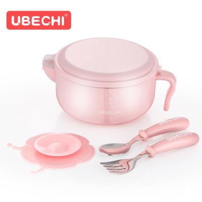 China 4 Pcs Thermal Serving Sustainable Baby Feeding Bowl Set With Lid Fork Spoon Suction Table Sticker Sided Non-slip for sale