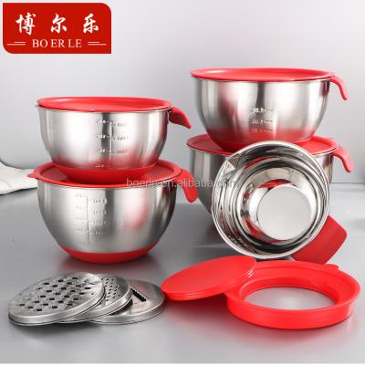 China Stainless Steel Nesting Multifunction Sustainable Non Slip Salad Mixing Bowl With Grater for sale