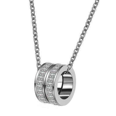 China Environmental Friendly Stainless Steel Charms Rhinestone Two Rings Necklace For Women for sale