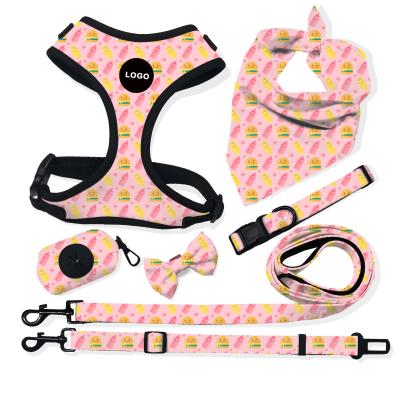 China Padded Pet Supplies Dog Harness and Leash Set Adjustable Strap Plaid Fabric Dog Neoprene Harness Leash and Collar Whole Set for sale