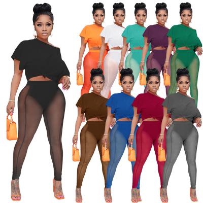 China Amazon New Women's Breathable Clothing Exposed Navel T-shirt + Mesh Commuter Short Two Piece Set for sale