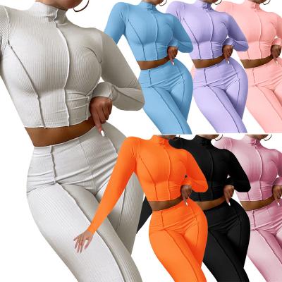 China Amazon Anti-Static Fall Wear Reverse Women Sports Mid High Set Neck High Waist Threadered Slim Two Piece for sale