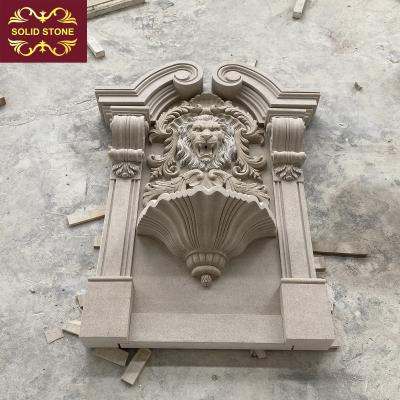 China Customized Traditional Garden Marble Fountain Granite Decorative Beige Lion Main Wall Fountain for sale