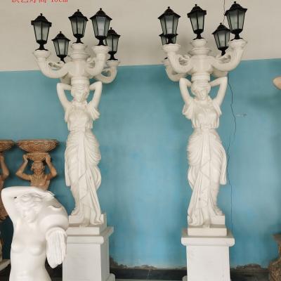 China Traditional Marble Garden Lamp Factory Direct Supply Hand Carved White Marble Statue Girl Stone Lamp for sale