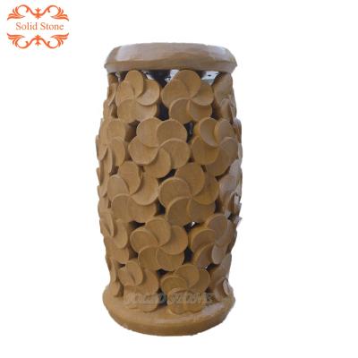 China Sale Traditional Hot Yellow Color Garden Decoration Floral Carved Natural Stone Lantern for sale