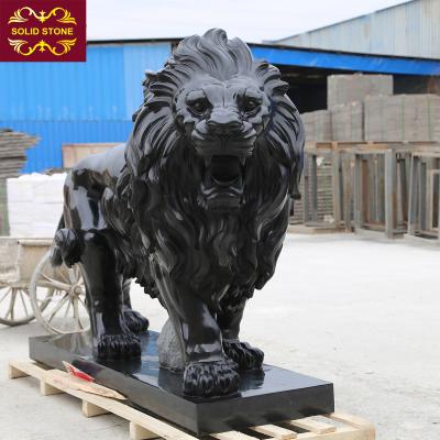 China Animal Hand Carved Stone Lion Black Color Granite Lion Statues High Polished Stone Statue for sale