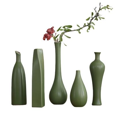 China Wholesale Eco-friendly Ceramic Flower Vase Vintage Green Dried Flowers And Ceramic Vase New Chinese Zen Flowerpot Home Decoration for sale