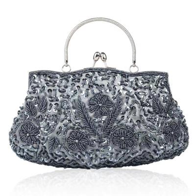 China Others Vintage Handmade Gold Beaded Sequin Flower Embroidered Silver Ladies Evening Purse Clutch Bag for sale