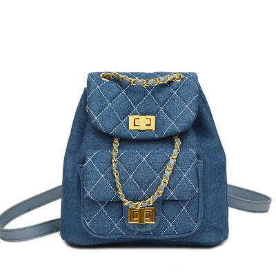 China Small Retro Bucket Denim Fashion Girls Lattice Shoulder Bag Backpack Bag Cute Anti-theft Canvas Backpack for sale