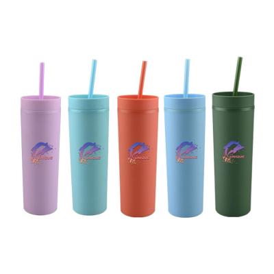 China 24 Hours Delivery Reusable Acrylic Skinny Double Wall Tumbler Plastic Coffee Cups Drinkware 16oz Tumbler Sustainable With Straw for sale