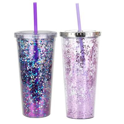 China Viable 24oz Reusable Plastic Tumblers Us Warehouse Mugs Drinkware Snow Globe Wall Bling Tumbler Double With Straw for sale