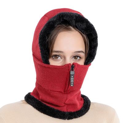 China Women Winter COMMON Earflap Fleece Inside Warmer Windproof Knitted One Piece Thickened Hat Neck With Cap for sale