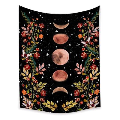 China Minimalist Black Moon Tapestry Wall Decor Moon Phase Surrounded By Vine And Flower Tapestry for sale