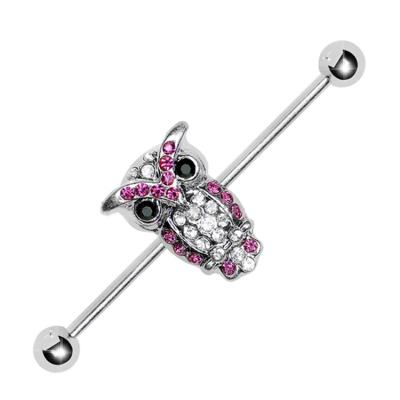 China For 316L Ear Barbell Surgical Steel Pink and Clear Paved Owl Industrial Barbell for sale