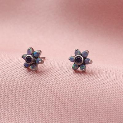 China TRENDY Threadless End Flower Design Fork Setting Titanium Opal Body Jewelry Ear Piercing Top ASTM F136 for sale