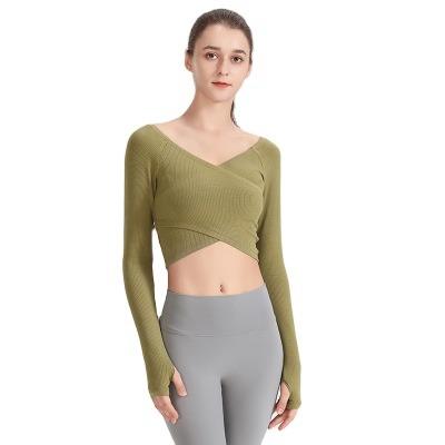 China Women's Yoga Suit Breathable V-Neck Long Sleeve Top Sport Use Bodybuilding Fitness Fit Active T-Shirts for sale