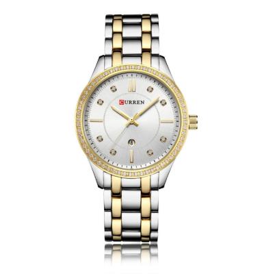 China Newest day/date watches women 2019 curren 9010 diamond quartz calendar women watches with mental strap for sale