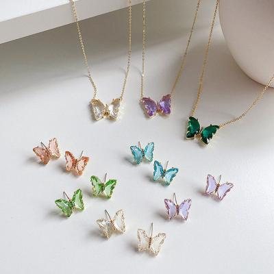 China Fashion Environmentally Friendly 18k Gold Plated Dubai Crystal Butterfly Pendant Choker Necklace Rings Earrings Necklace Women Jewelry Sets for sale